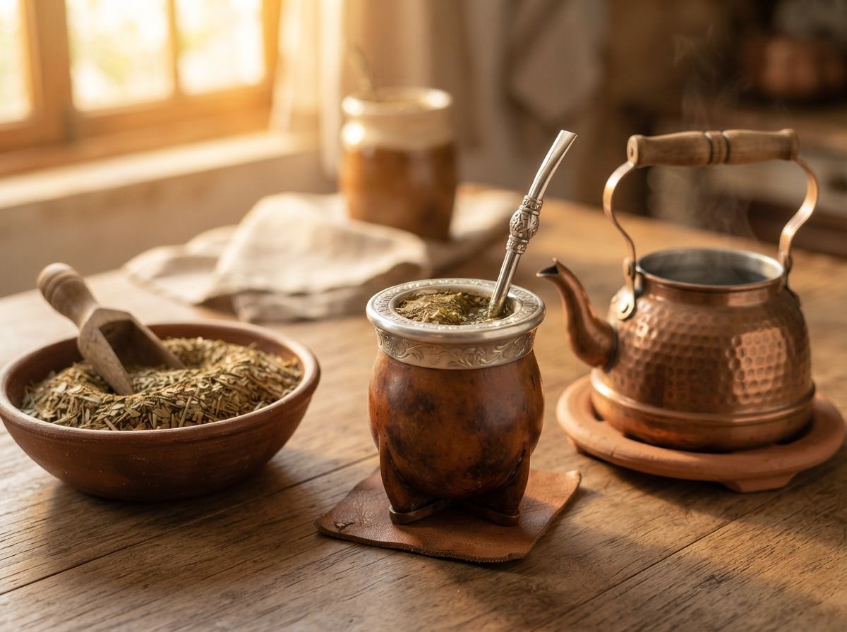 A cured mate gourd with a bombilla, a pile of yerba, and a small kettle.