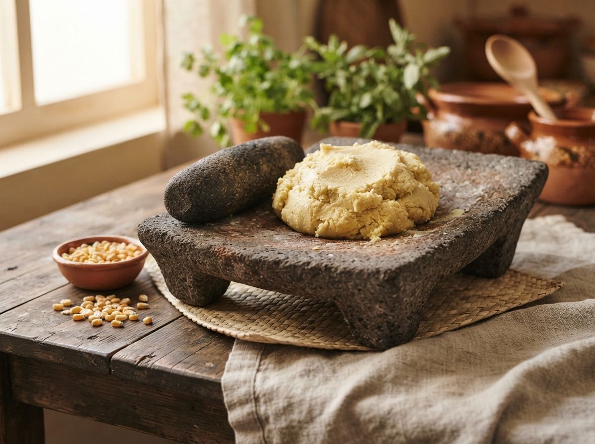 A volcanic-stone metate with a mano, a mound of masa, and a few kernels of maize.