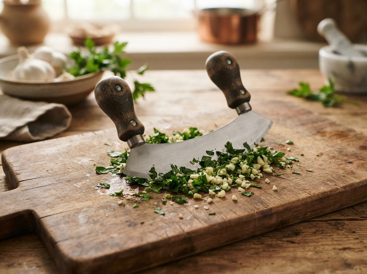 A two-handled mezzaluna on a wooden board with chopped parsley and garlic.
