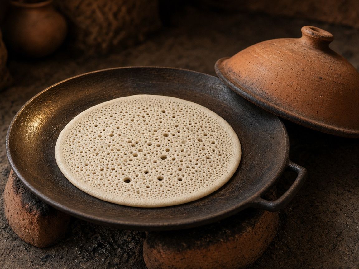 A round mitad griddle with a sheet of injera bubbling, a clay lid resting beside it.