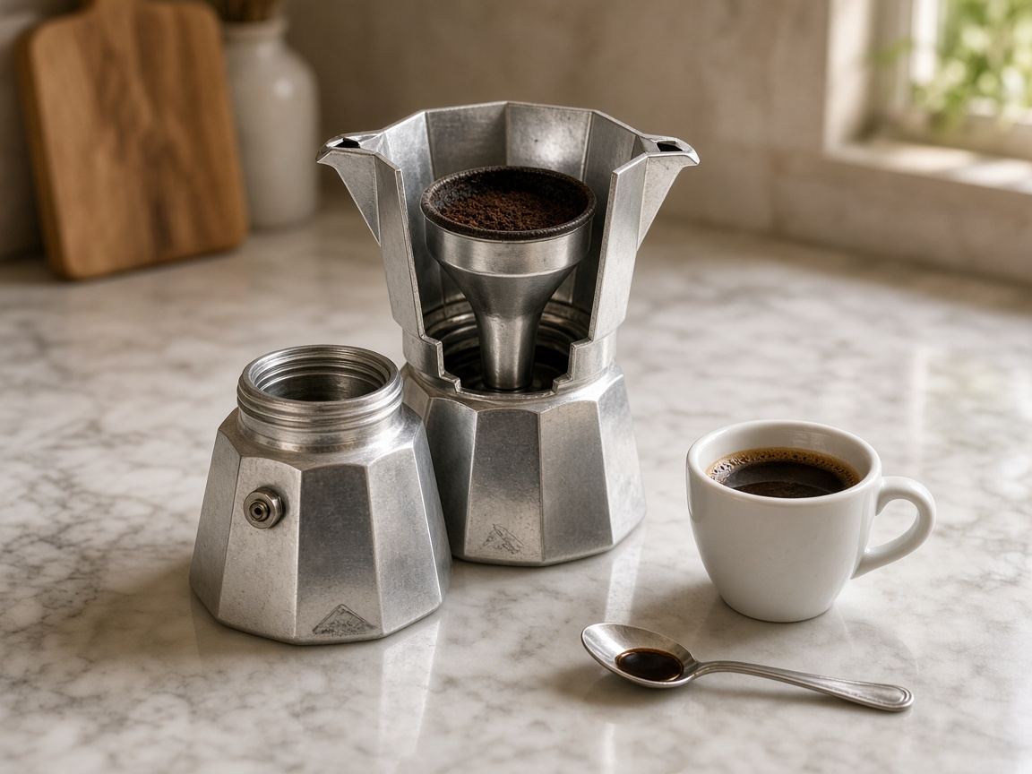 An aluminum moka pot on a linen table with two small cups and a mound of ground coffee.