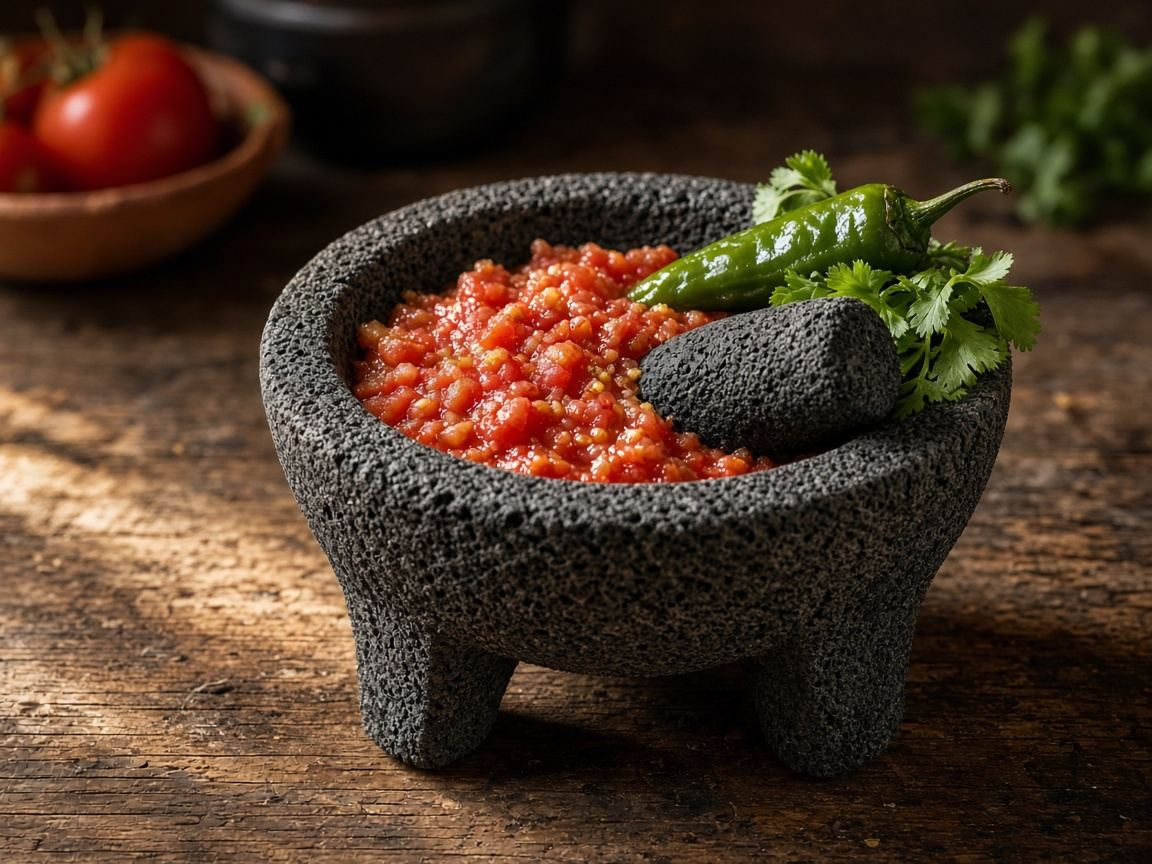 A volcanic-stone molcajete with a tejolote, crushed tomato, chile, and cilantro on the rim.
