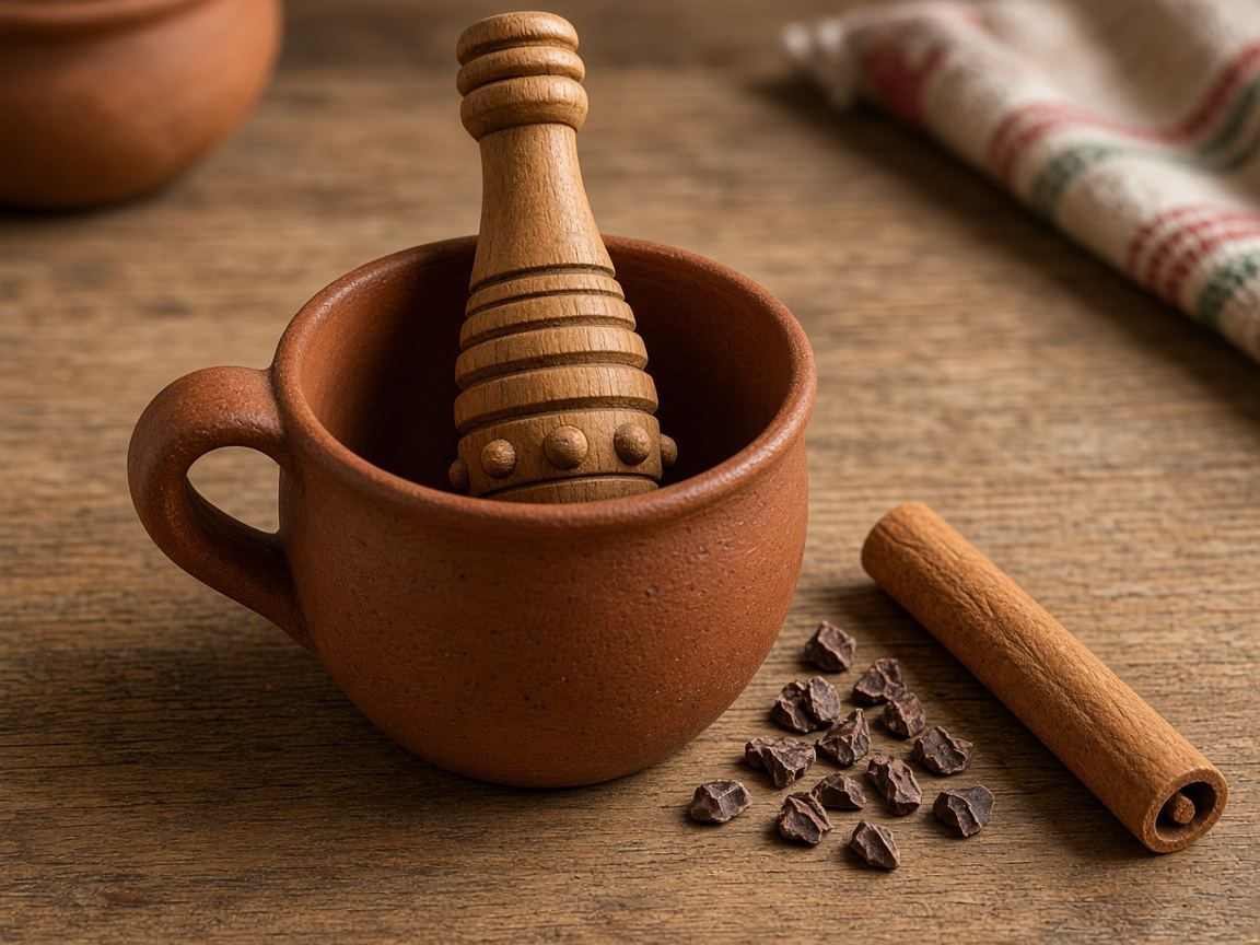 A carved wooden molinillo standing in a pot of foaming Mexican chocolate.