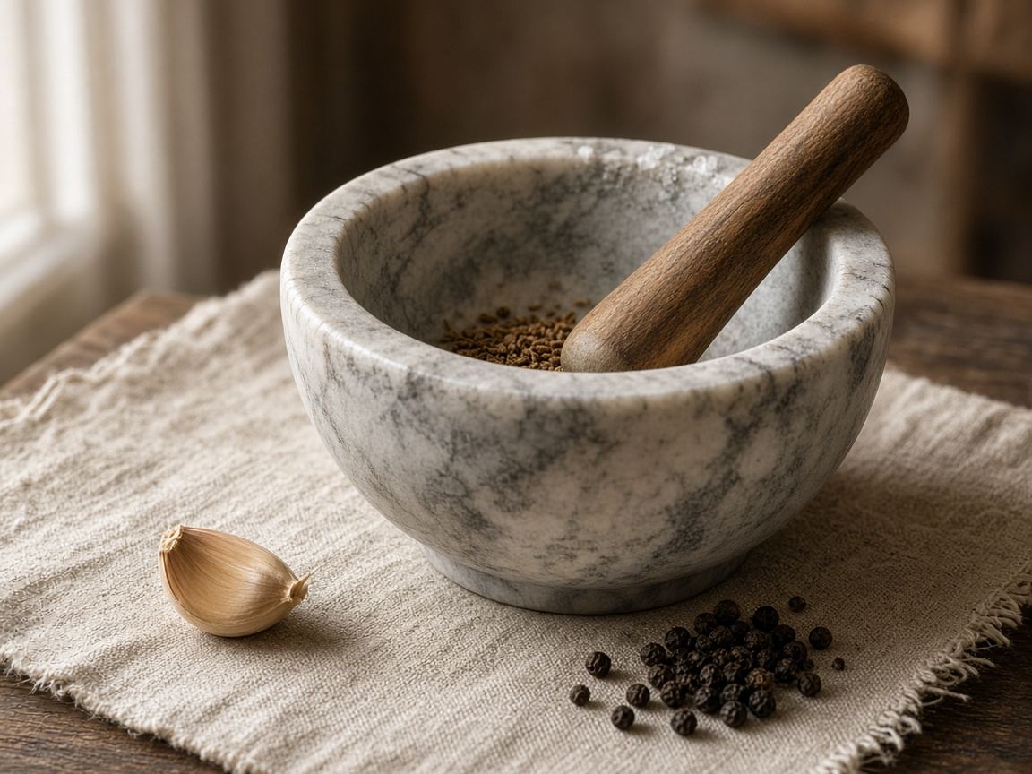 A marble mortar and pestle with crushed garlic, herbs, and olive oil on the rim.