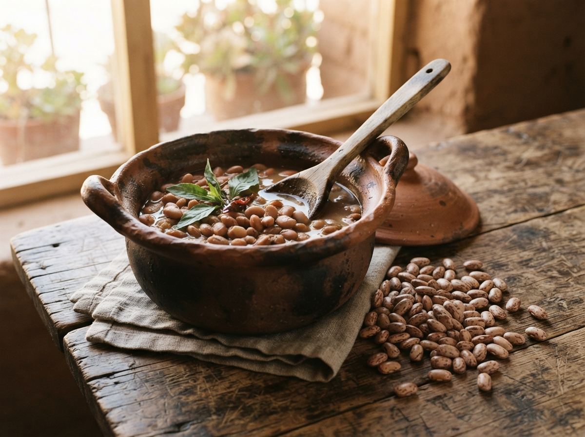 An unglazed clay olla with a wooden spoon and a handful of dried beans beside it.