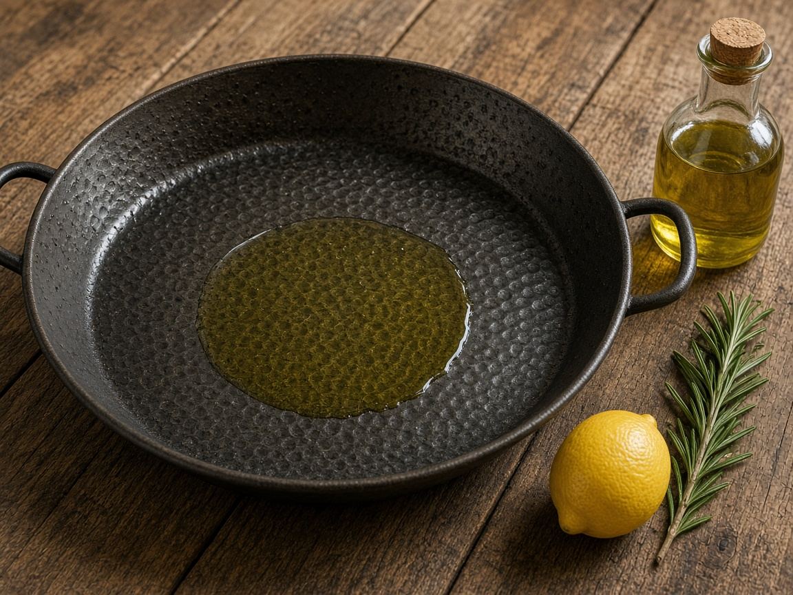 An empty wide steel paella pan with a pool of olive oil, a lemon, and rosemary beside it.