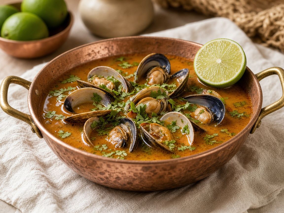 A flared copper paila with shellfish broth, cilantro, and a lime on the rim.