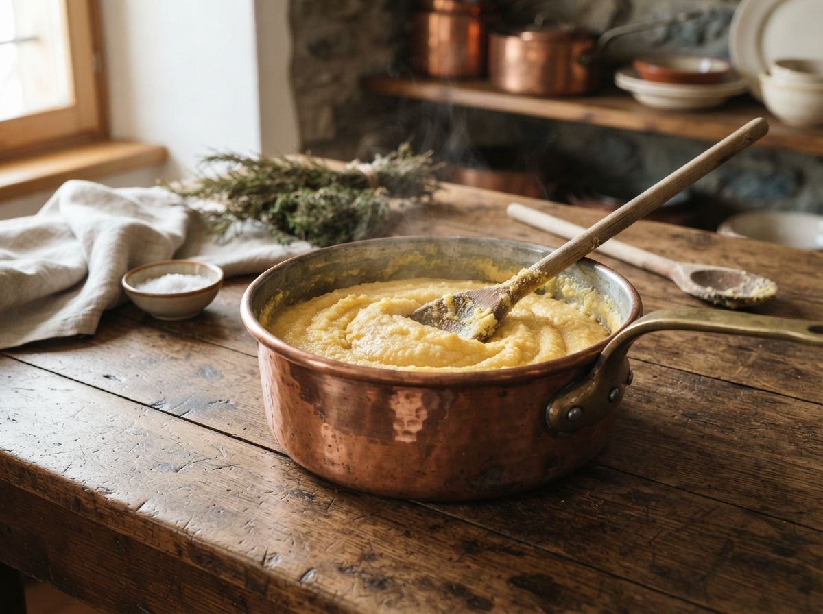A copper paiolo of yellow polenta with a wooden stirring stick resting on the rim.
