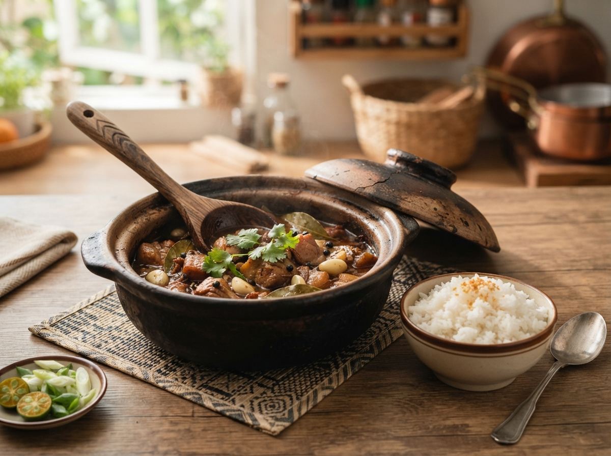 An earthen palayok of adobo with a wooden ladle and a bowl of rice.