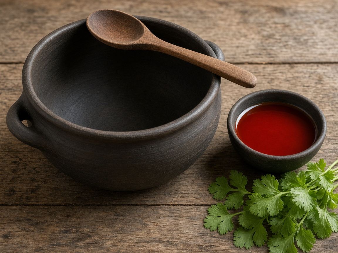 An unglazed Brazilian clay pot with a wooden spoon, dendê oil, and cilantro.