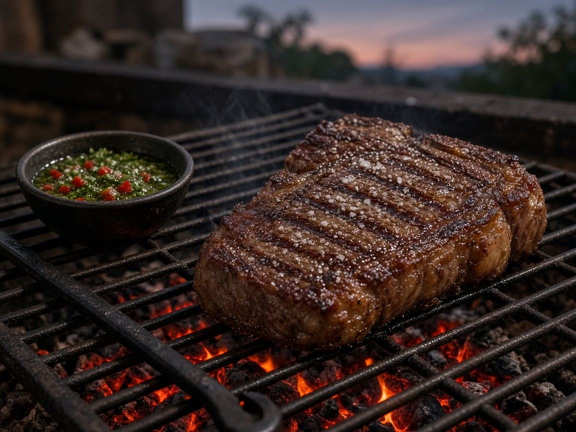 An iron parrilla over coals with a salted steak, chimichurri, and a cast-iron poker.