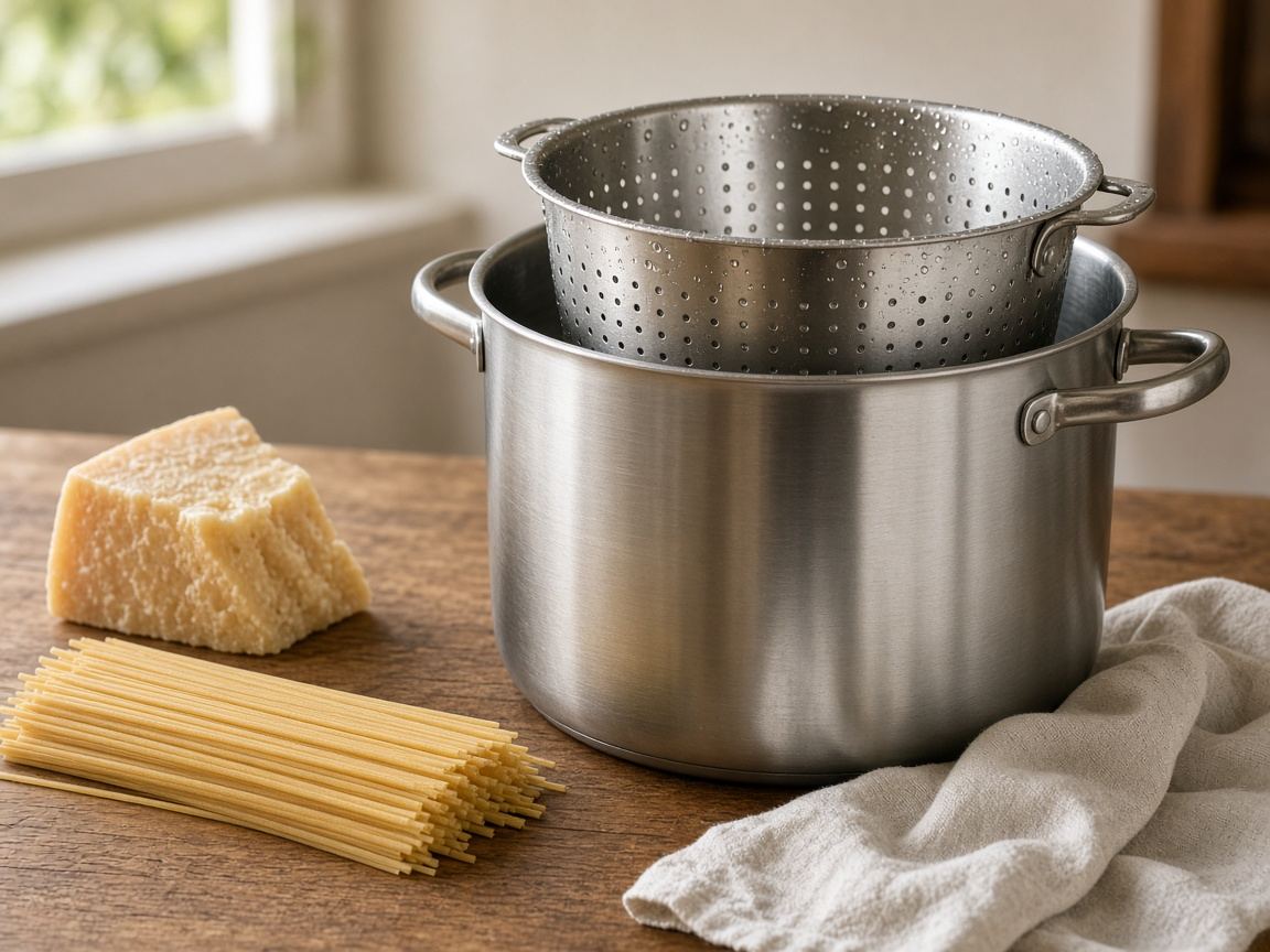 A tall stainless pasta pot with a strainer insert, steam, and a nest of uncooked spaghetti.