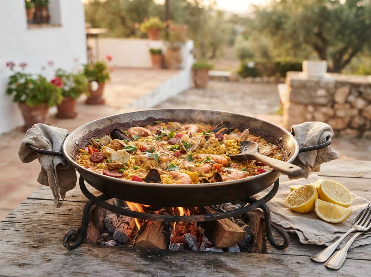 A wide two-handled perol of golden rice over a small fire, with lemon wedges at the rim.
