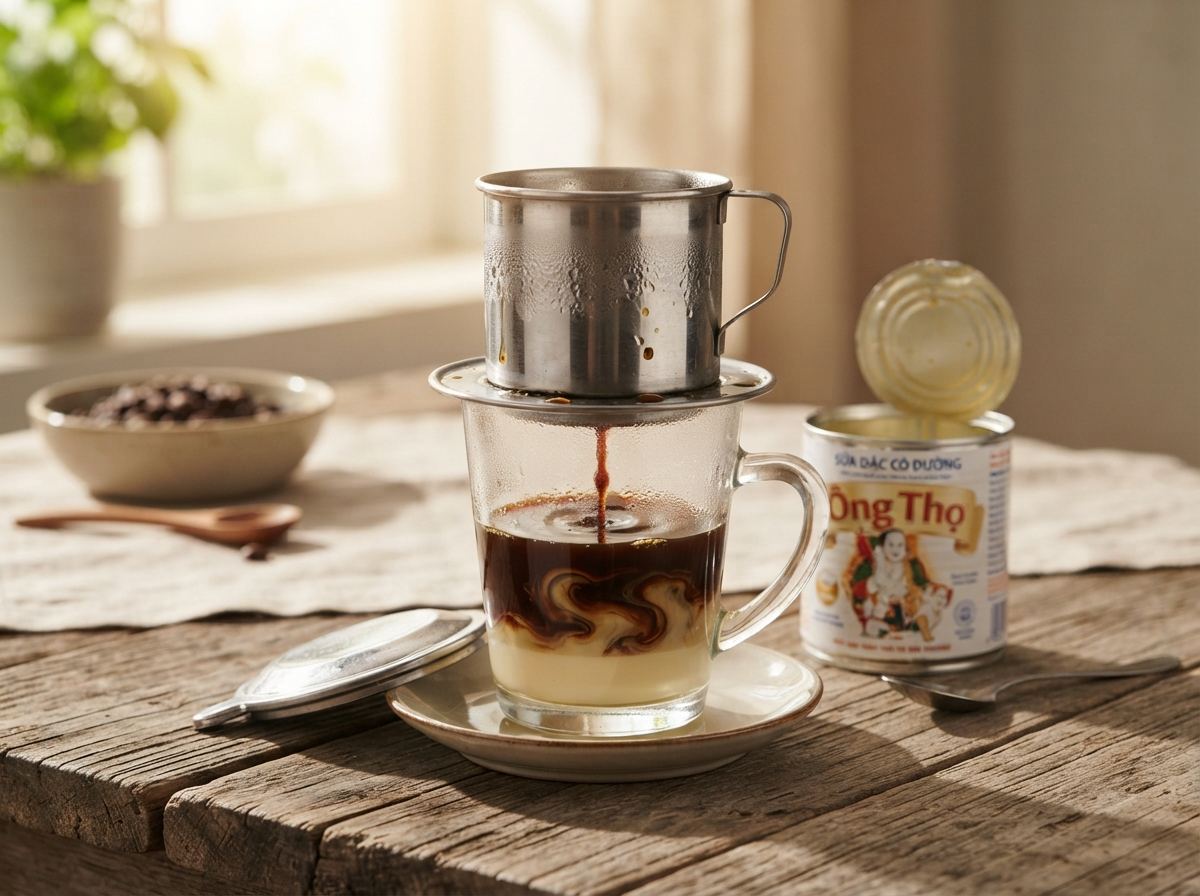 A metal phin dripping coffee into a glass of condensed milk beside a plate of condensed-milk tin.