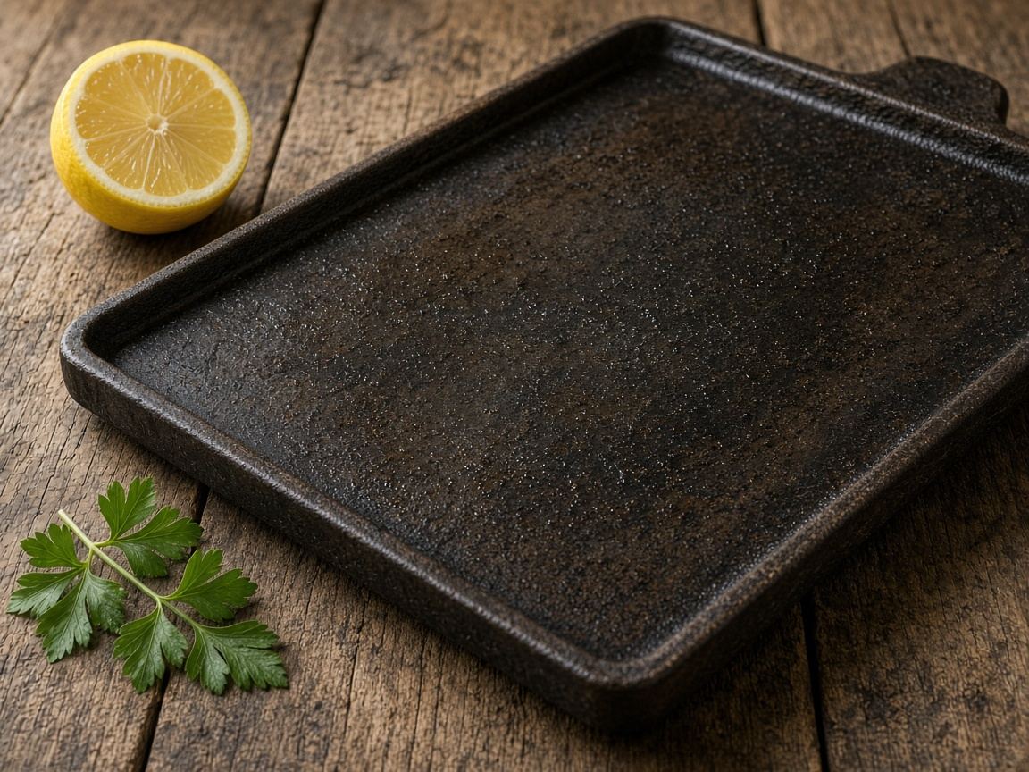 A thick steel plancha with seared prawns, oil, and a wedge of lemon.