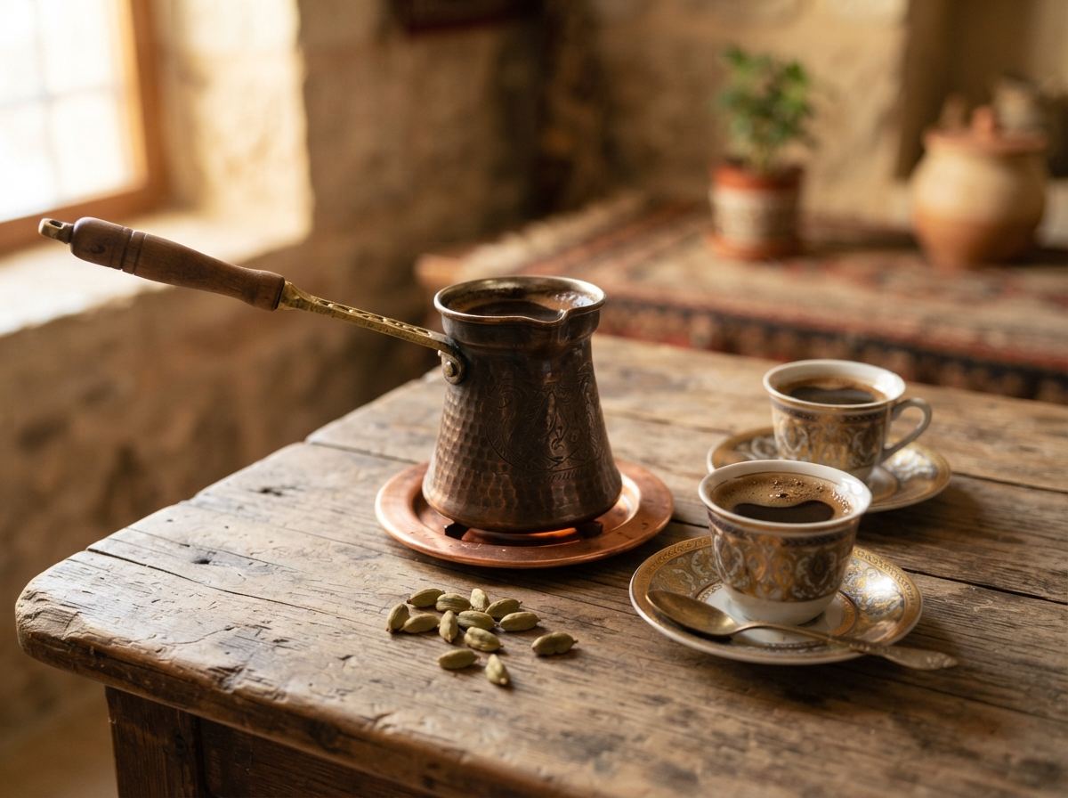 A long-handled rakweh of Arabic coffee with cardamom pods and two small cups.