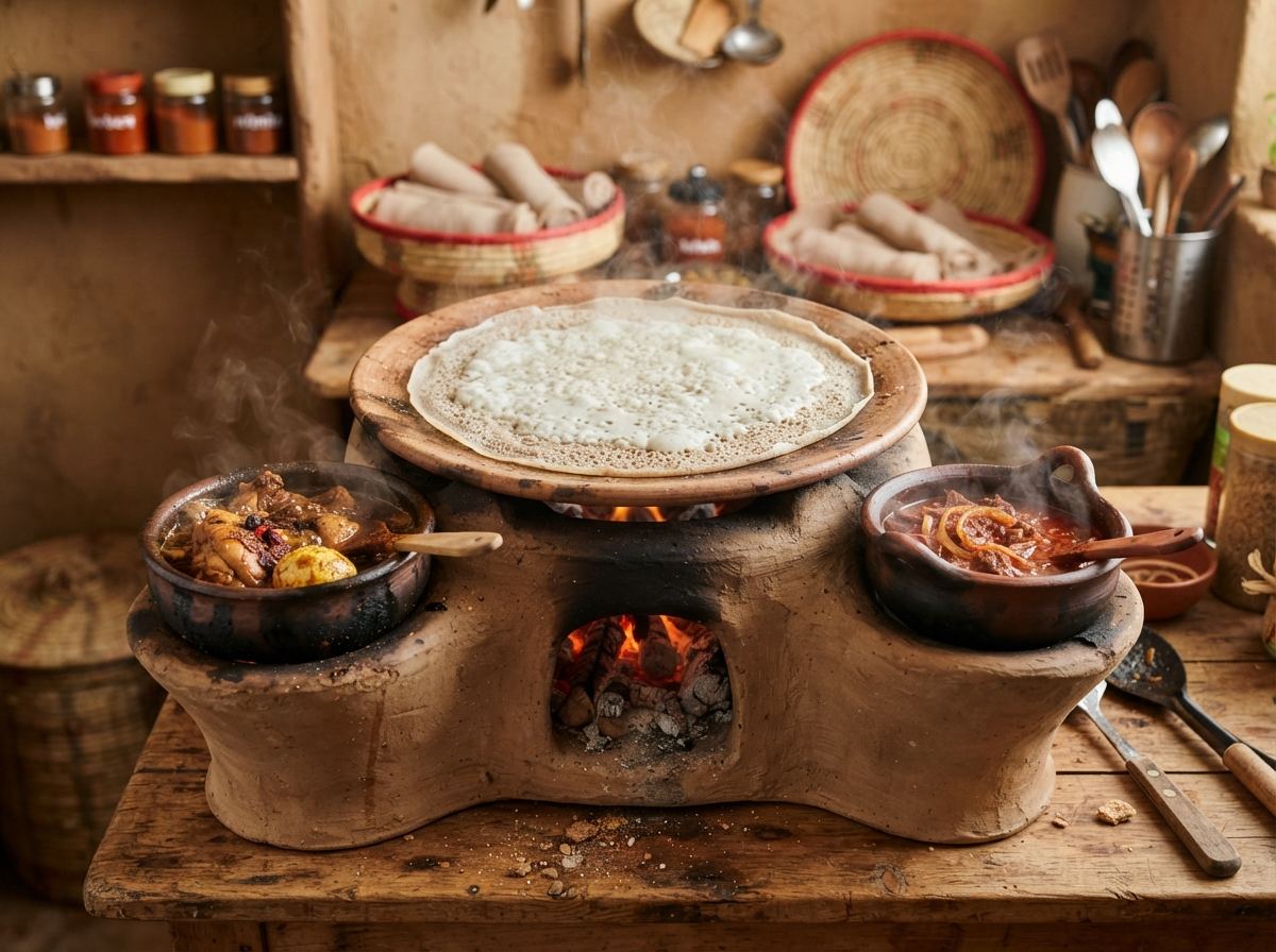 A clay rekkal stove with a mitad on top and two small pots of wat at the side openings.