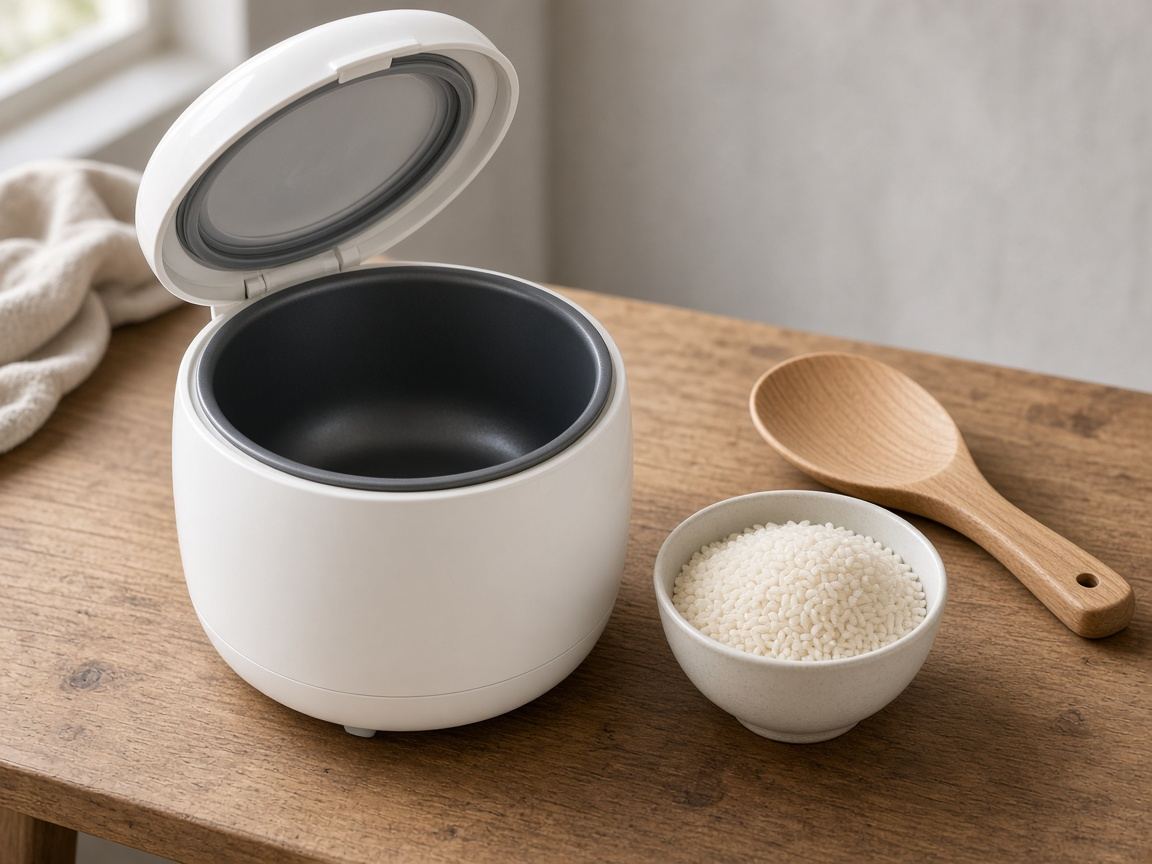 A simple rice cooker with the lid open on steamed rice and a paddle resting beside it.