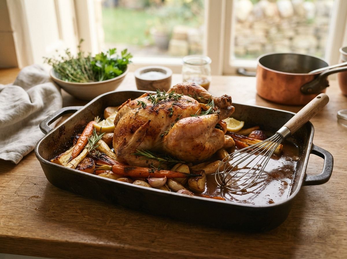 A heavy roasting pan with a browned chicken, carrots, and a gravy whisk.
