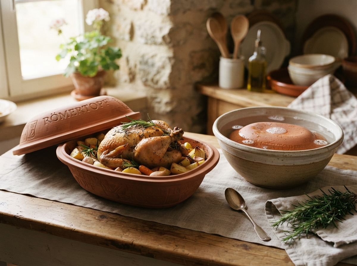 A lidded Römertopf clay baker with a roast chicken and rosemary beside a bowl of water.