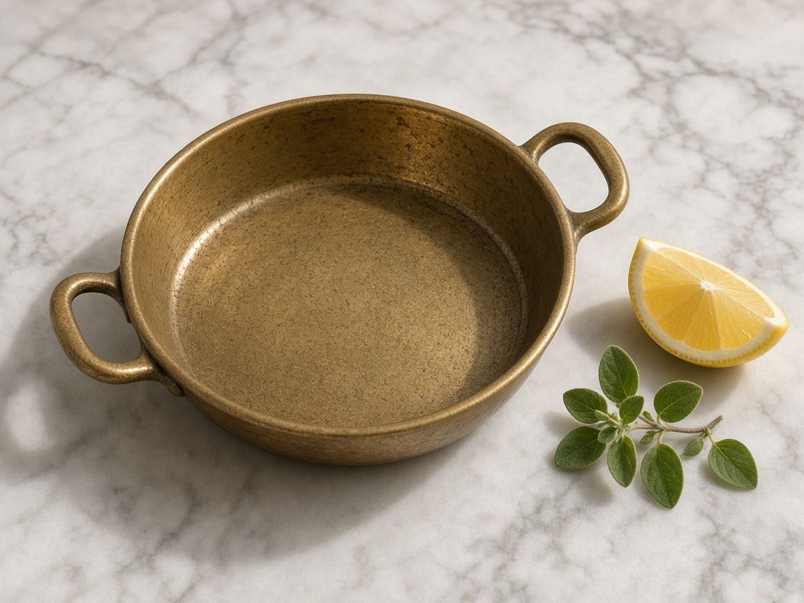 A small two-handled saganaki pan with fried cheese, lemon, and a linen napkin.