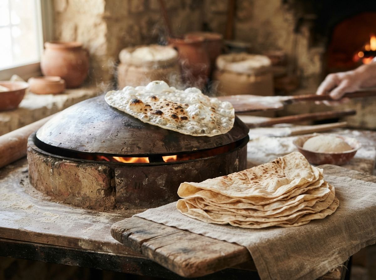 A convex saj griddle with a sheet of markook blistering on the dome and a stack of folded bread.