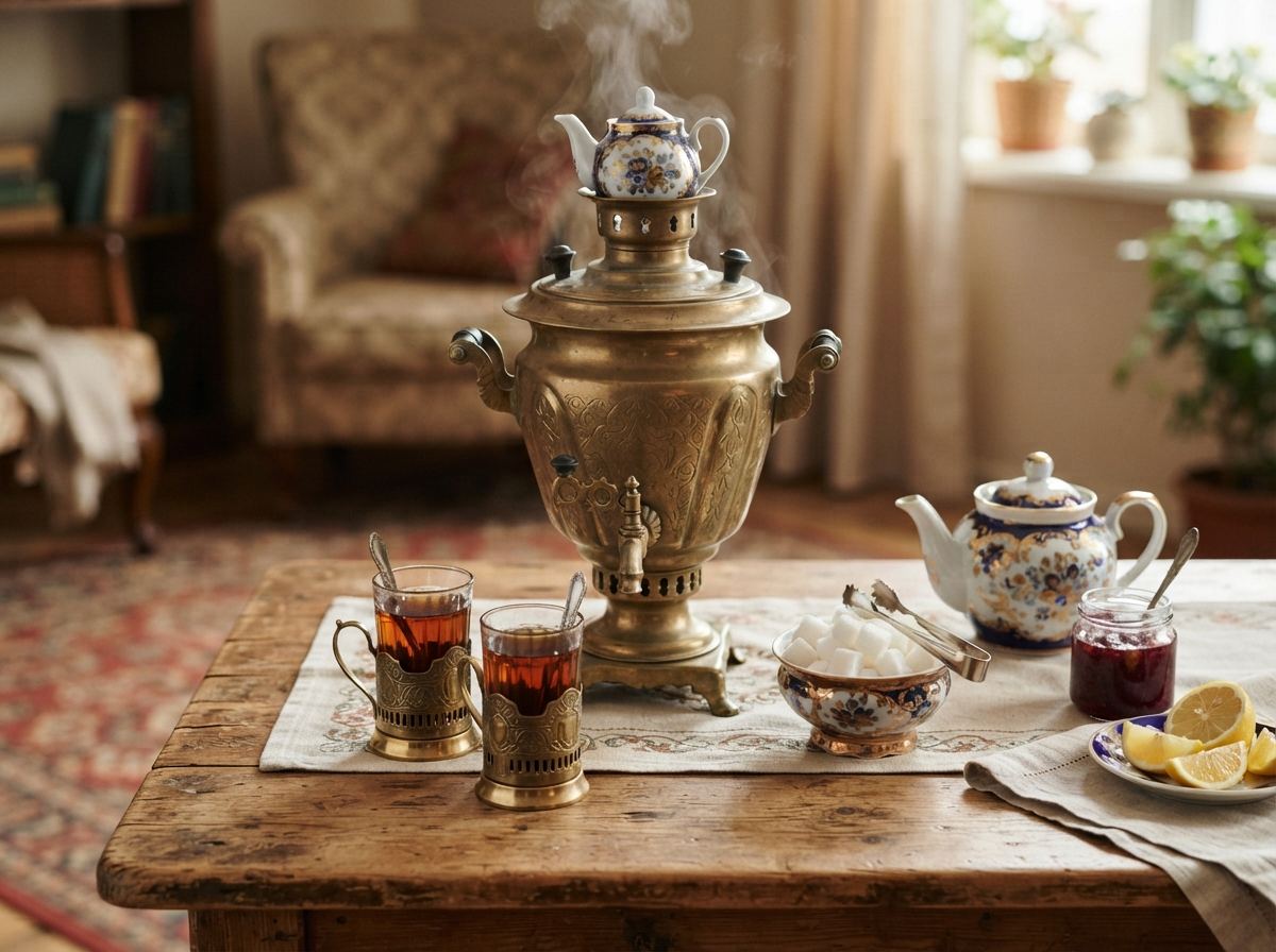 A brass samovar with a teapot on top, glasses of tea, and a bowl of sugar.