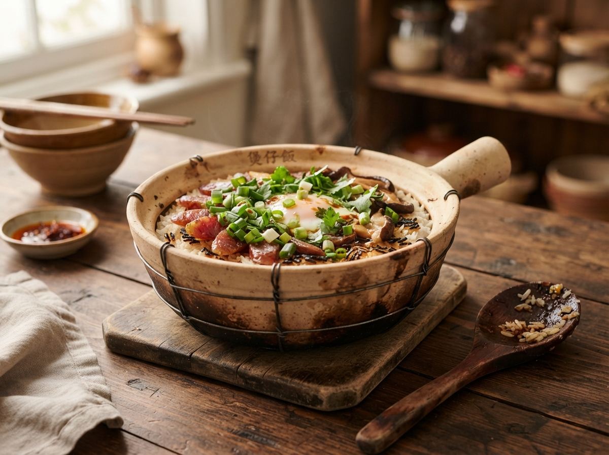 A wire-bound Chinese sand pot of clay-pot rice with a wooden spoon and scallions.