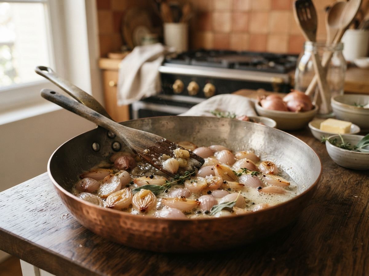 A wide copper sauteuse with shallots in butter and a wooden spatula.