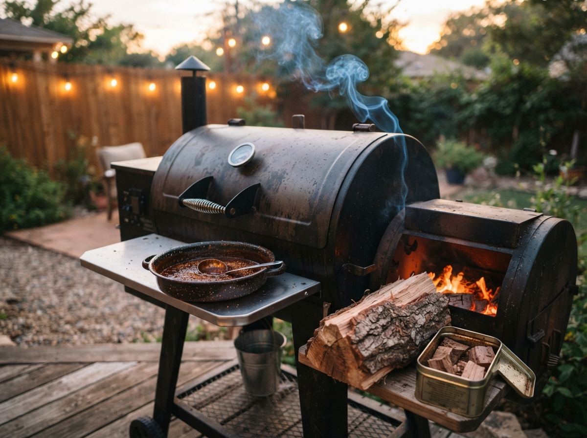A black offset smoker with a wisp of wood smoke, a split log, and a pan of sauce.