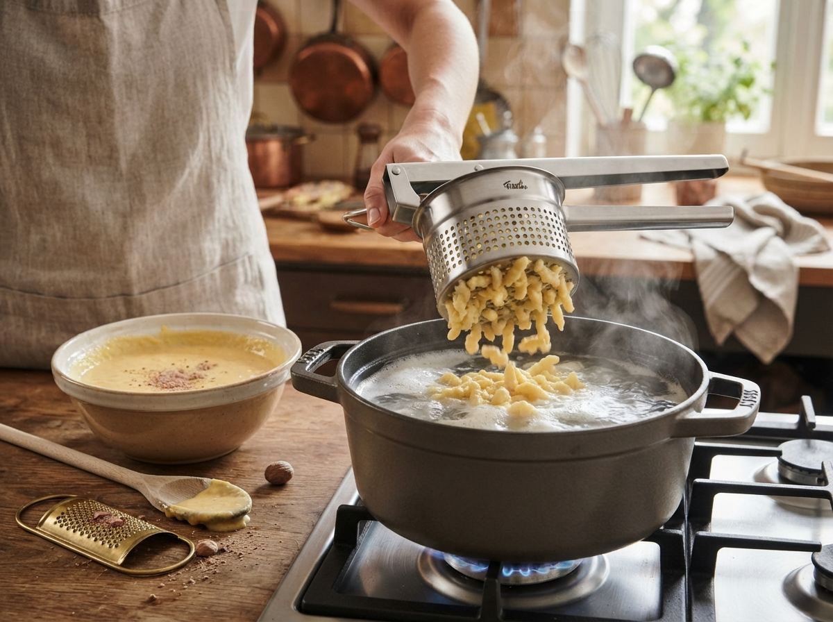 A metal Spätzle press over a pot of water with a bowl of egg batter and nutmeg.