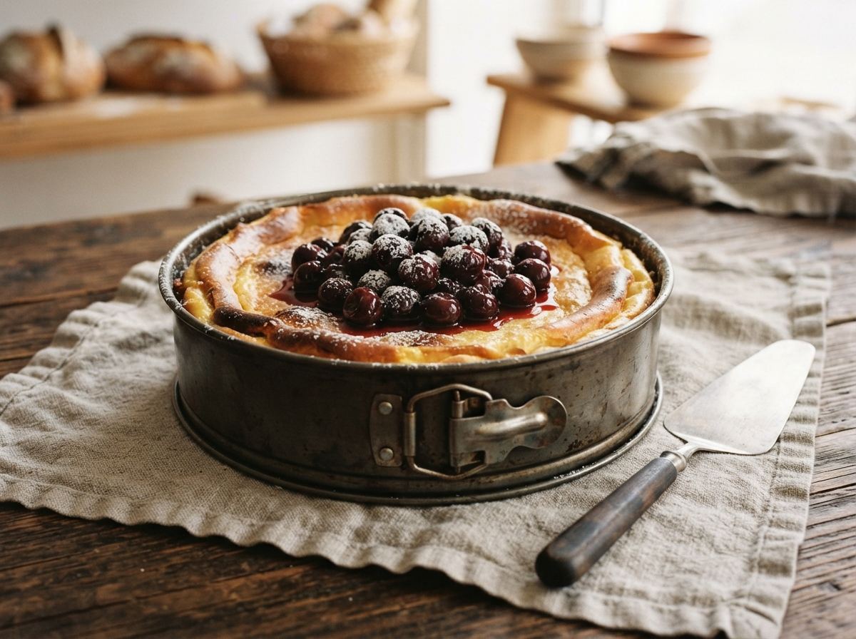A latched springform pan with a baked cheesecake, a bowl of cherries, and a linen cloth.