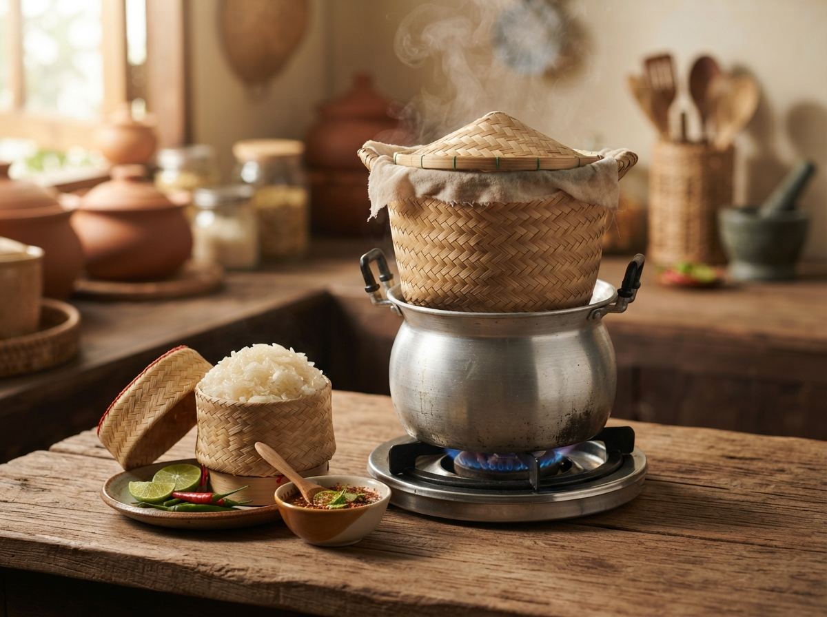 A bamboo sticky-rice basket over a pot, with a woven serving cup of glutinous rice.