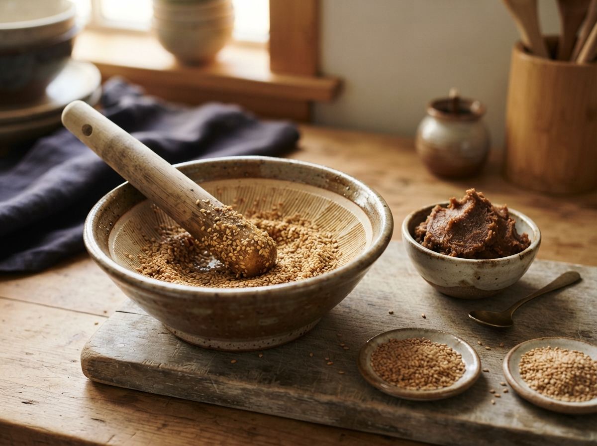 A ridged suribachi with a wooden surikogi, toasted sesame, and a small bowl of miso.