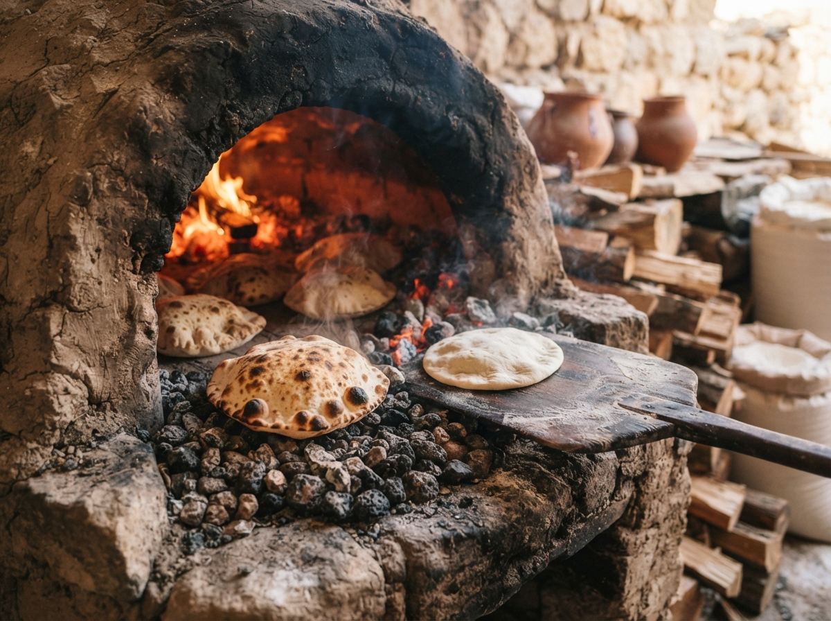 The mouth of a clay taboon with flatbread baking on hot pebbles and a wooden peel.