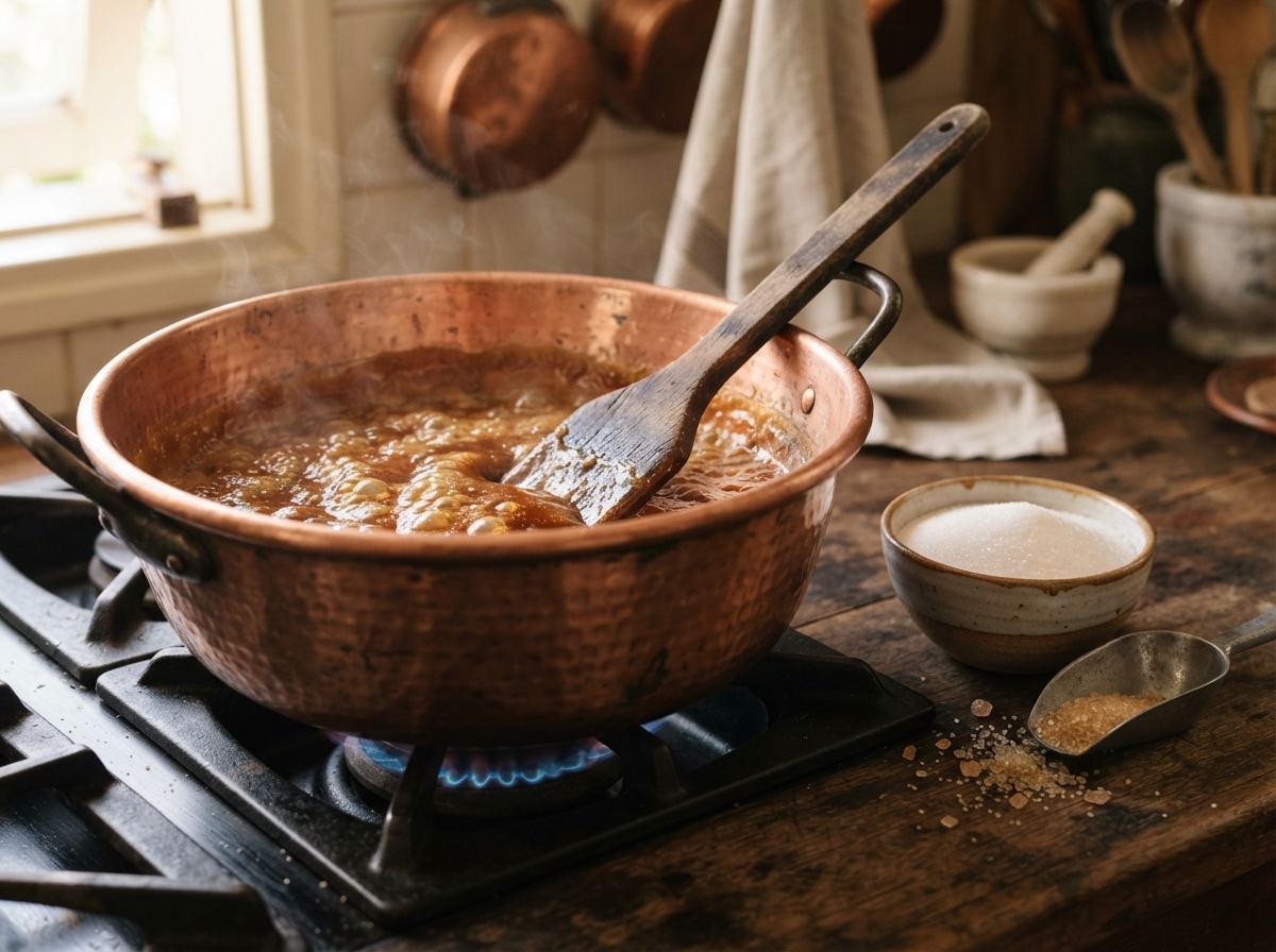 A wide copper tacho of caramelizing milk with a wooden paddle and a bowl of sugar.
