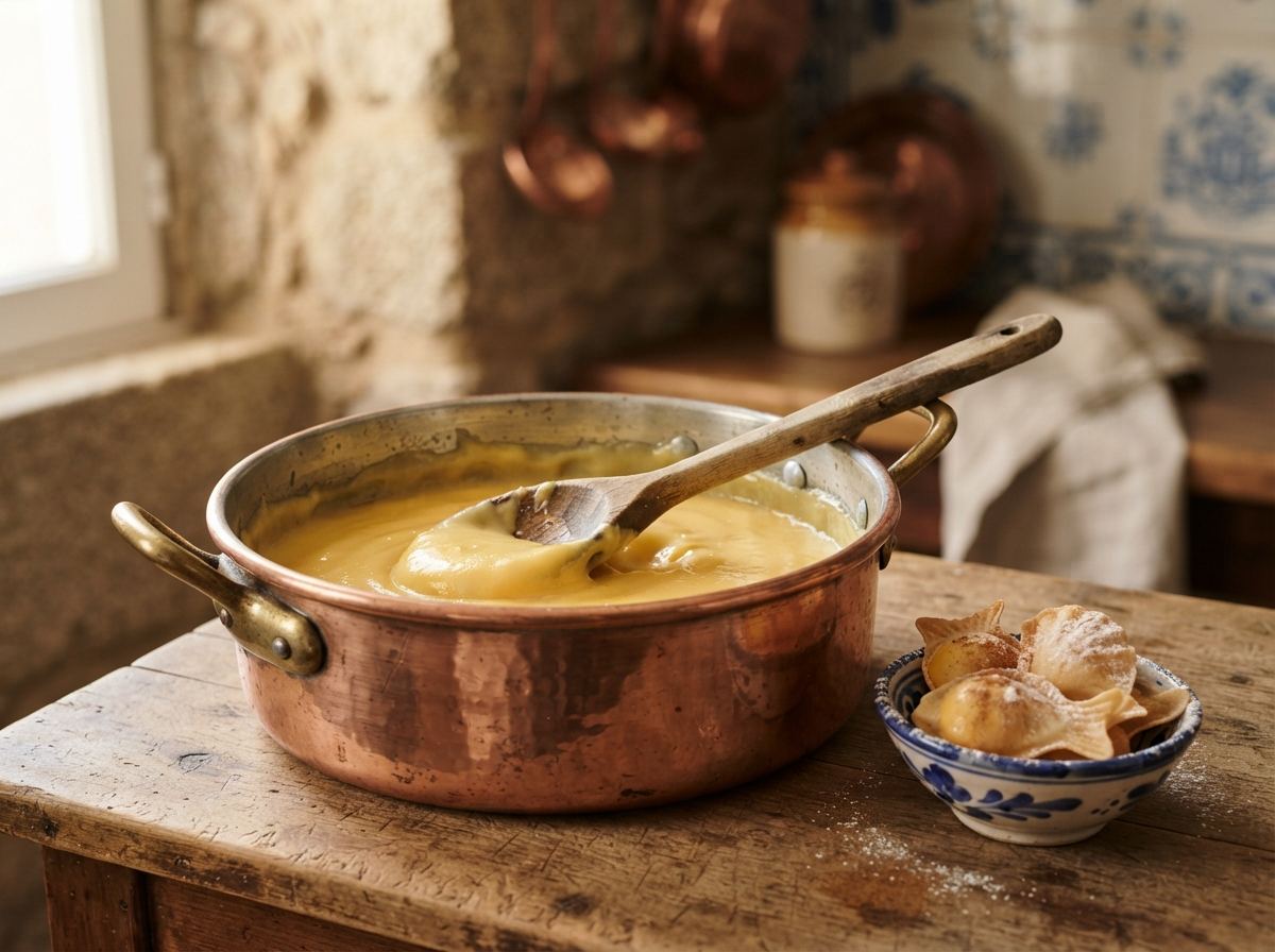 A wide Portuguese tacho of copper with a wooden spoon and a bowl of egg sweets.