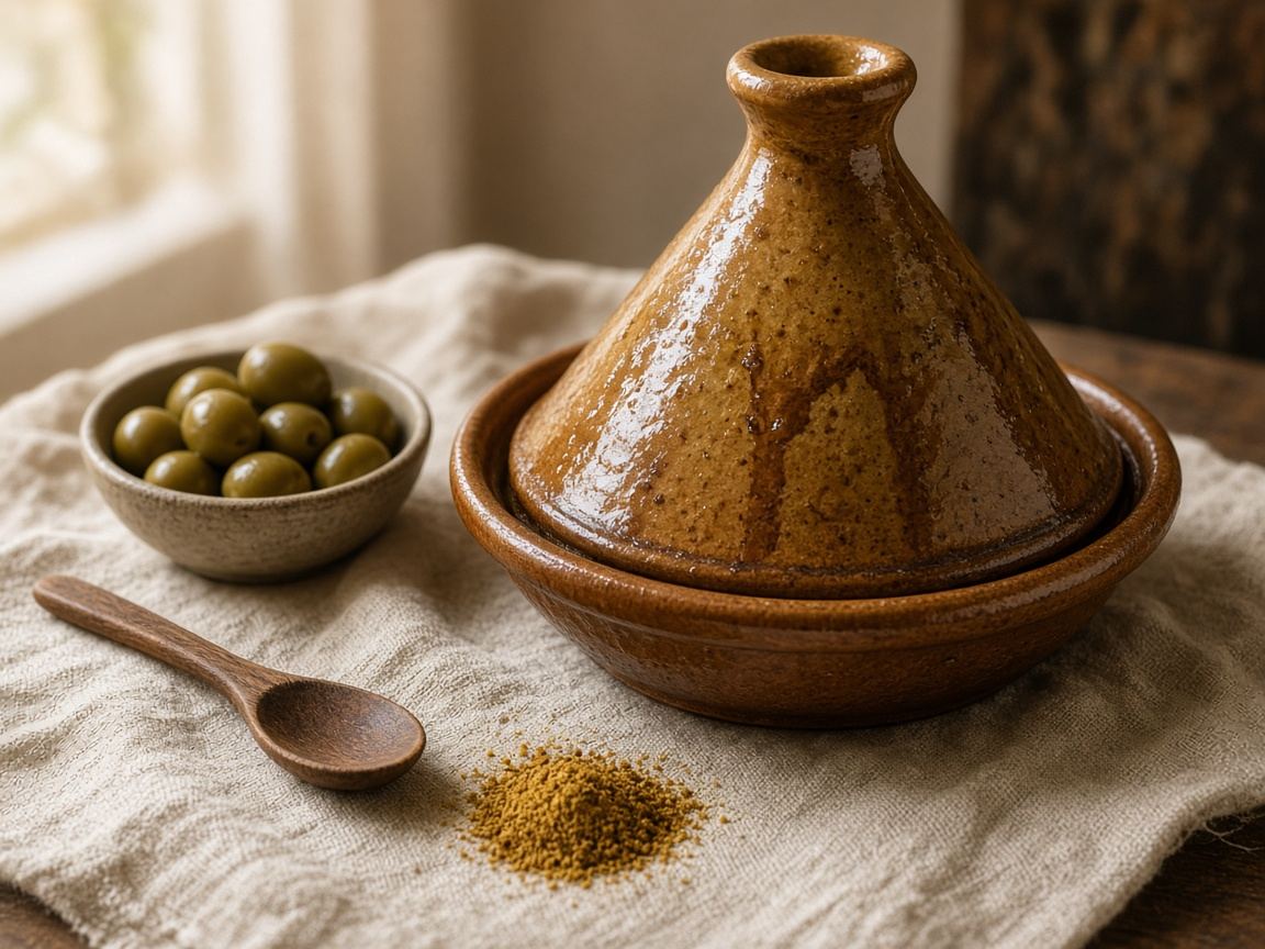 A glazed Moroccan tagine with its conical lid, set on linen beside olives and a wooden spoon.