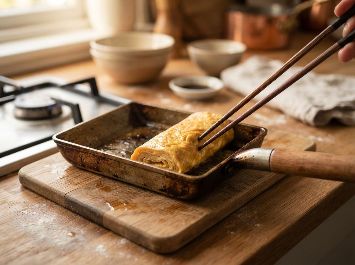 A rectangular tamagoyaki pan with a rolled egg omelette and a pair of cooking chopsticks.