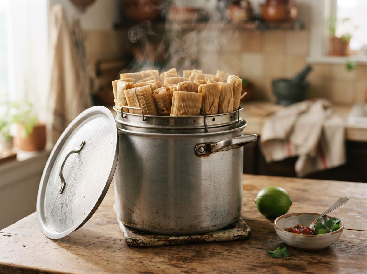 A tall tamalera with corn-husk tamales standing on the rack and a lime beside the lid.