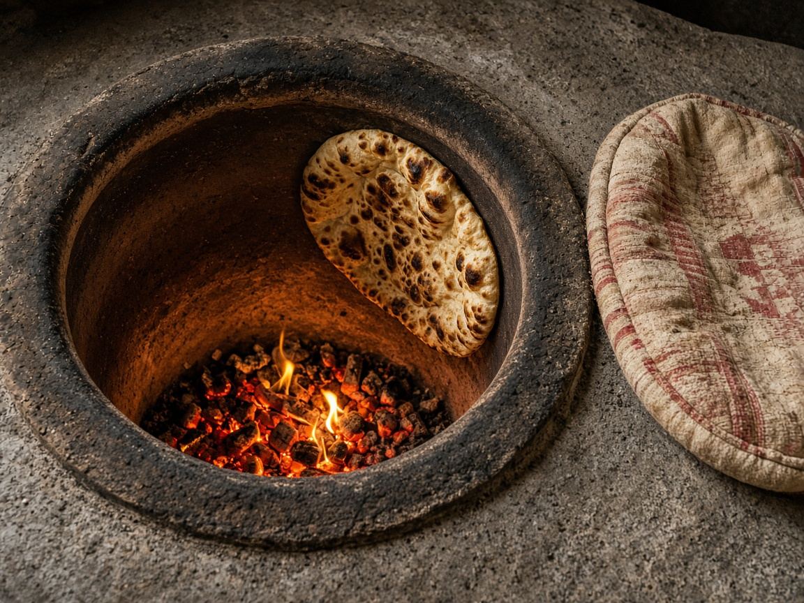 The mouth of a clay tandoor with naan blistering on the inner wall and a cushion nearby.