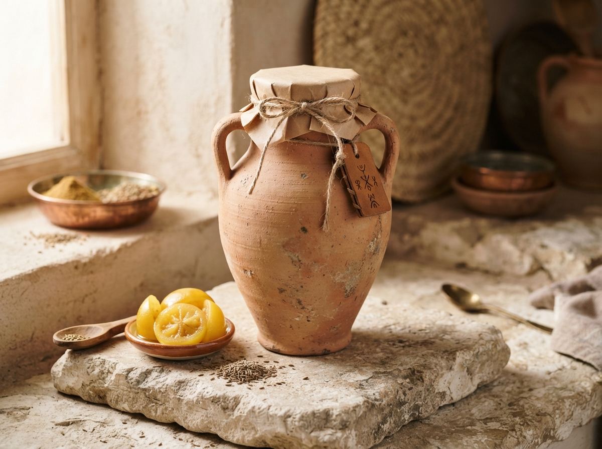 A tall unglazed tanjia urn with preserved lemon, cumin, and a knotted paper lid.
