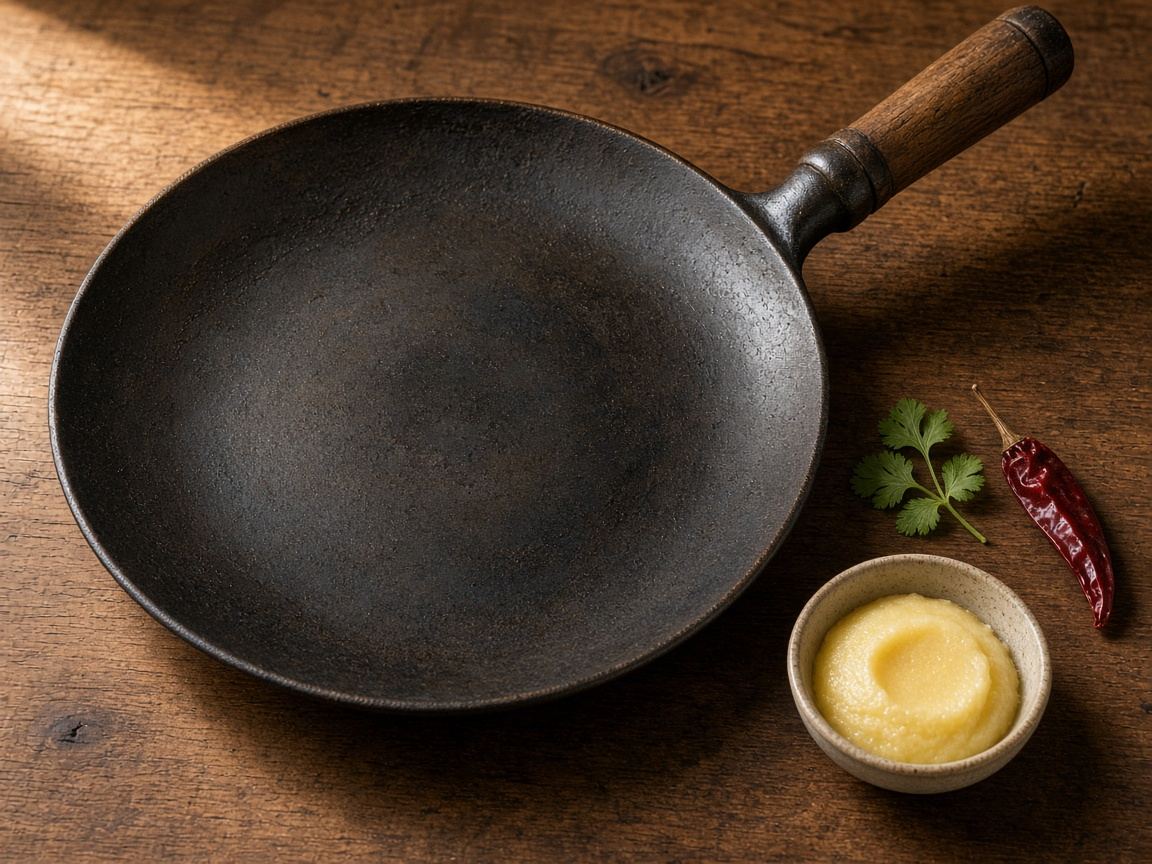 A round iron tawa with a puffing roti and a wooden rolling pin beside it.