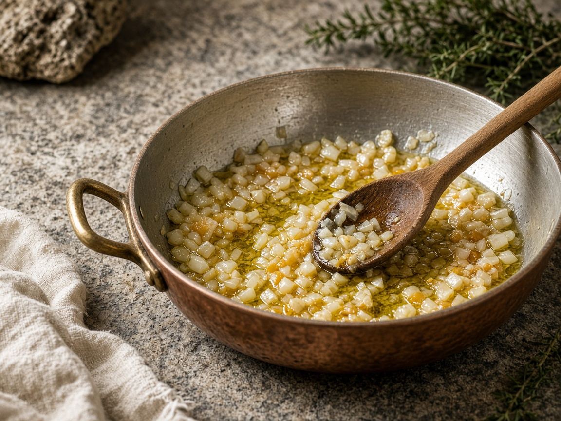 A wide copper tegame with olive oil, a soffritto of onion, and a wooden spoon.