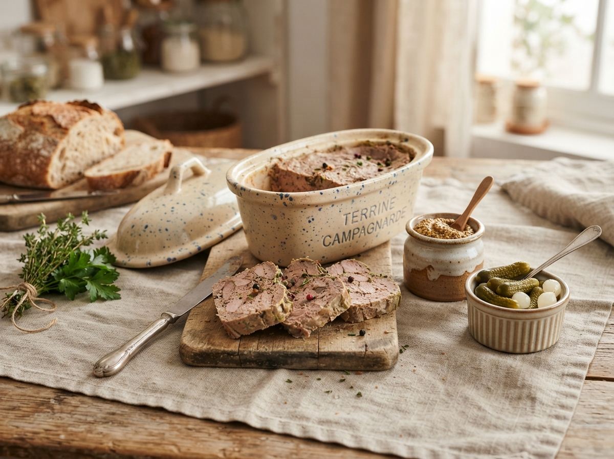 A lidded ceramic terrine with a sliced country pâté, cornichons, and a linen napkin.