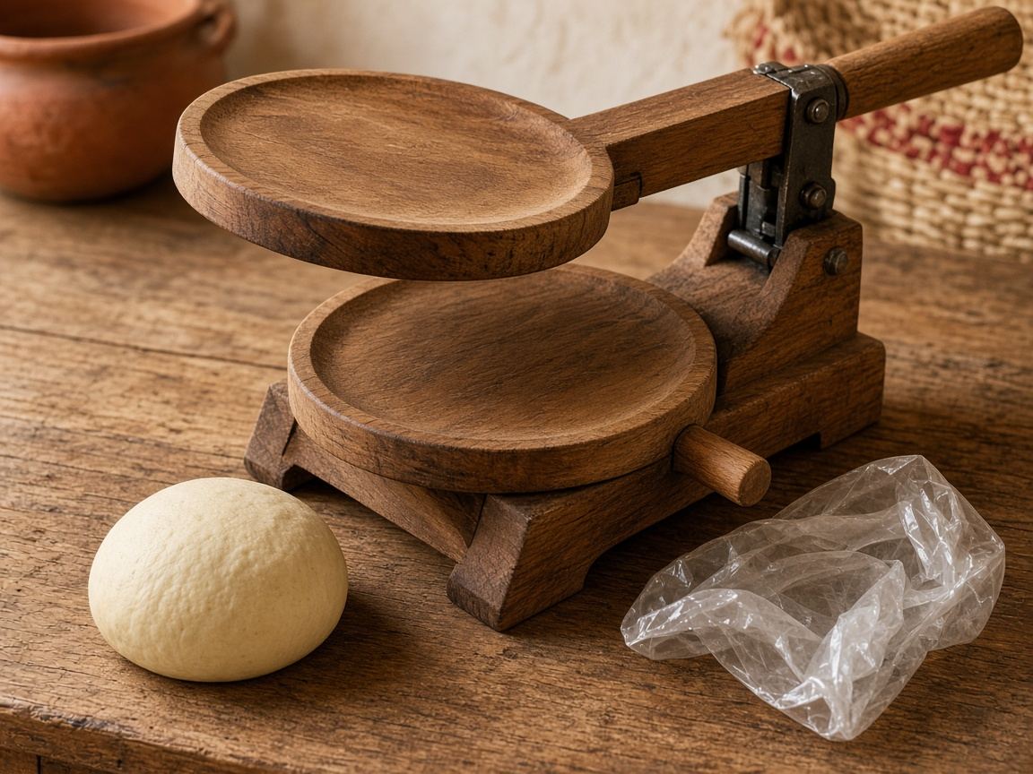 A cast-iron tortilla press with a round of masa, a ball of dough, and a linen cloth.