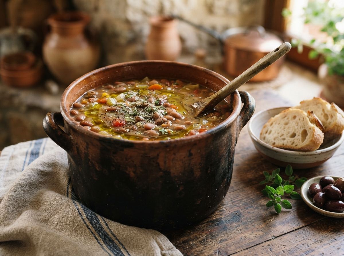 A tall clay tsoukali of bean soup with olive oil at the rim and dried oregano.