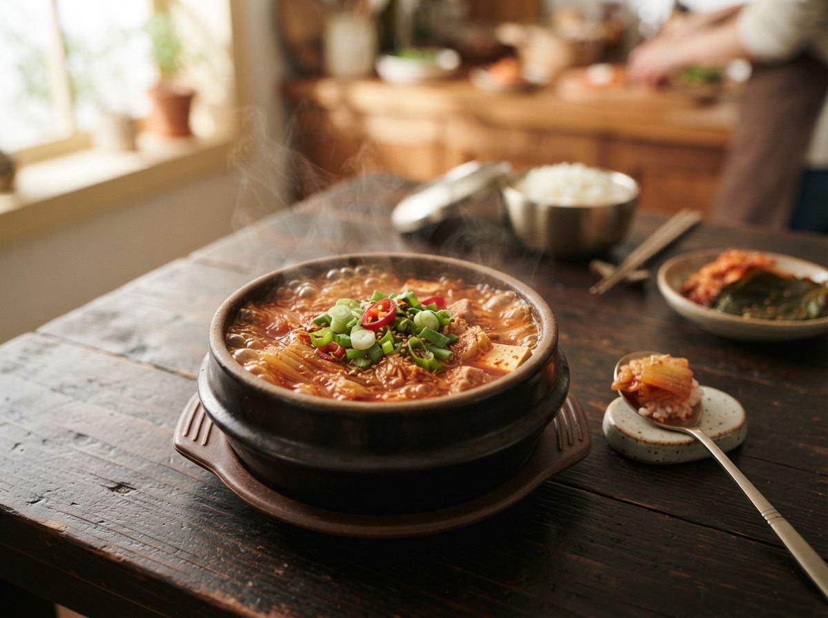 A small earthen ttukbaegi of kimchi jjigae still bubbling, with a spoon and scallions.