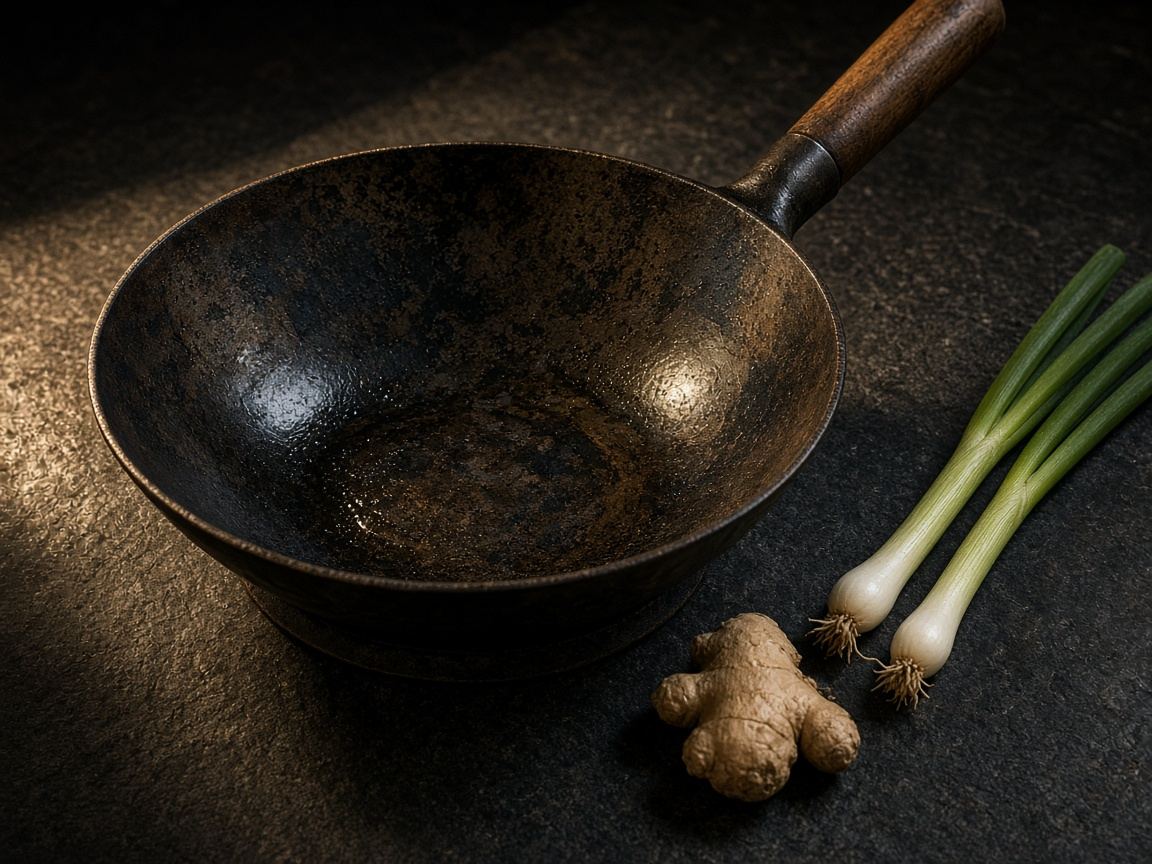 A seasoned carbon-steel wok with a wooden handle, a splash of oil, and scallions on a dark hearth.