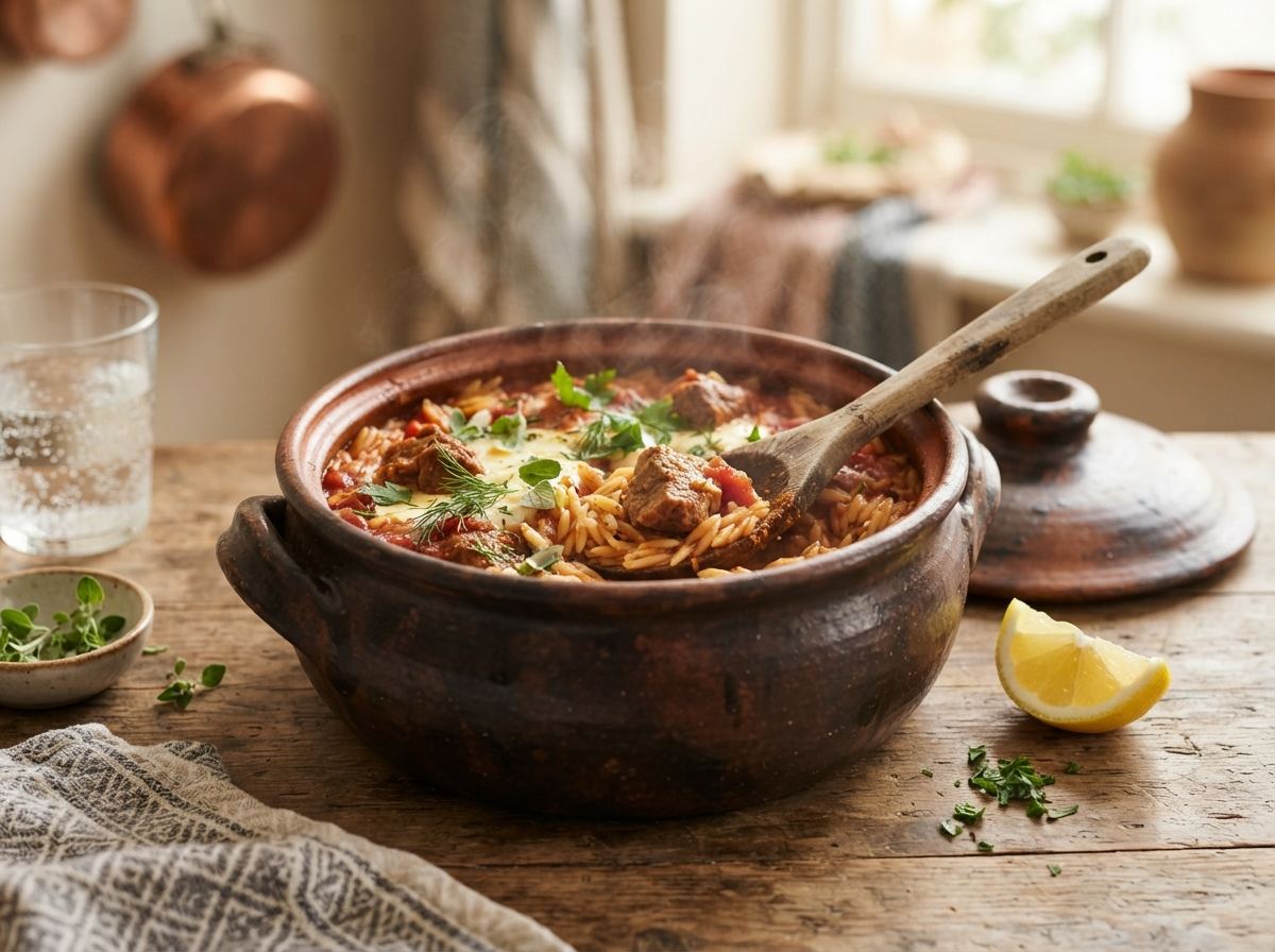 A clay yiouvetsi pot of orzo and lamb with a wooden spoon and a wedge of lemon.